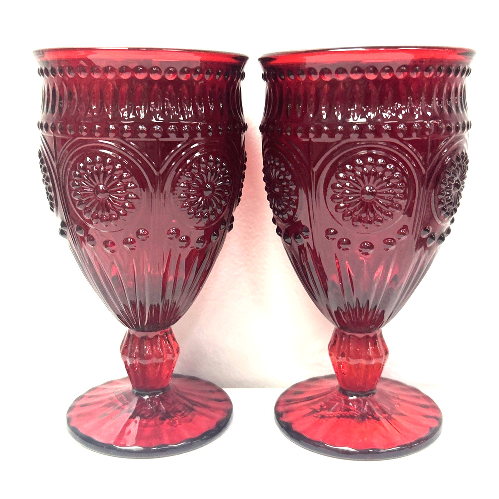 The Pioneer Woman Adeline Ruby Red Embossed Water Tea Wine Goblets Set of 2